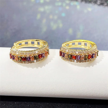 Gold 18K Hoop Earrings with Rainbow Stones